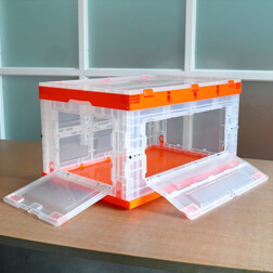 650x440x360 orange with clear color two sides open plastic foldable storage box