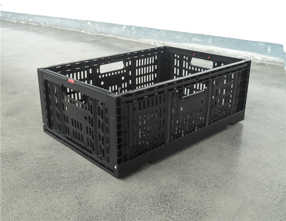 Black color 23.6"x15.7"x9.0" supermarket use vented type collapsible plastic folding crate for fruit