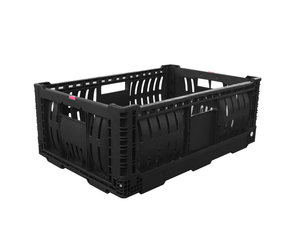 Black color 600x400x220 mm supermarket use vented type collapsible plastic folding crate for fruit